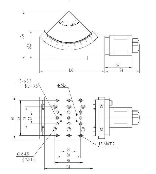 Motorized Yaw-Pitch Stage, Range of Travel:+/- 45 degrees, Mechanical Drawing